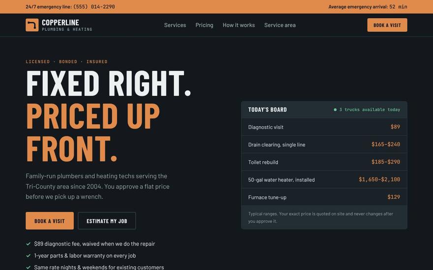 Copperline Plumbing homepage with a bold condensed headline and a price board