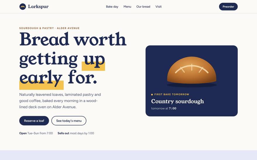 Larkspur Bakehouse homepage with a large serif headline and a live 'next out of the oven' panel
